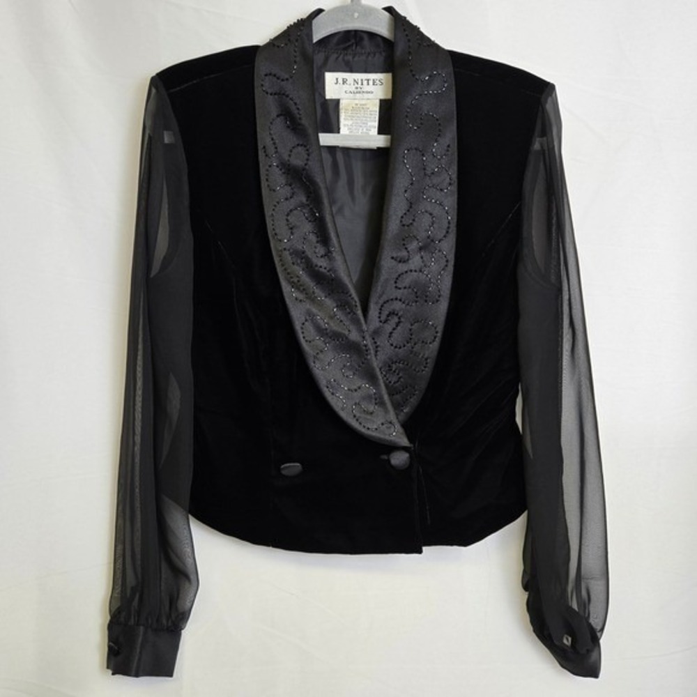 J.R. Nites By Caliendo Velvet Sheer Sleeve Evening Jacket, Black, Vintage, 10